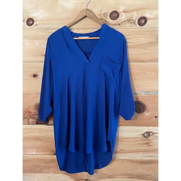 LUSH women's royal blue sheer blouse V-neck. Roll tab sleeve. Size Small - Picture 1 of 7